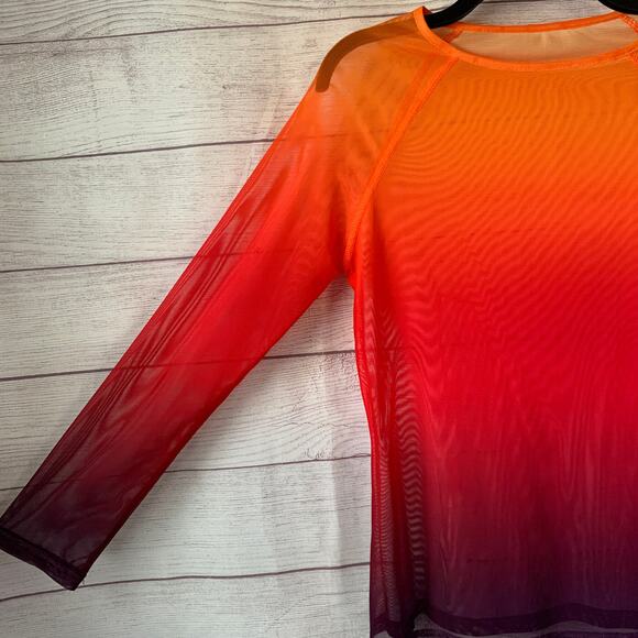 Kate Kasin Orange and Purple Ombre Sheer Mesh Long Sleeve Shirt Rave Swim Cover - Picture 4 of 16